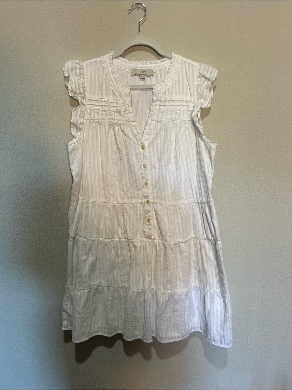LOFT White Sleeveless Tiered Button Dress